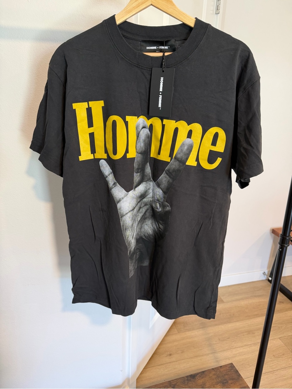 Homme Black Short Sleeve Graphic Tee with Yellow Logo